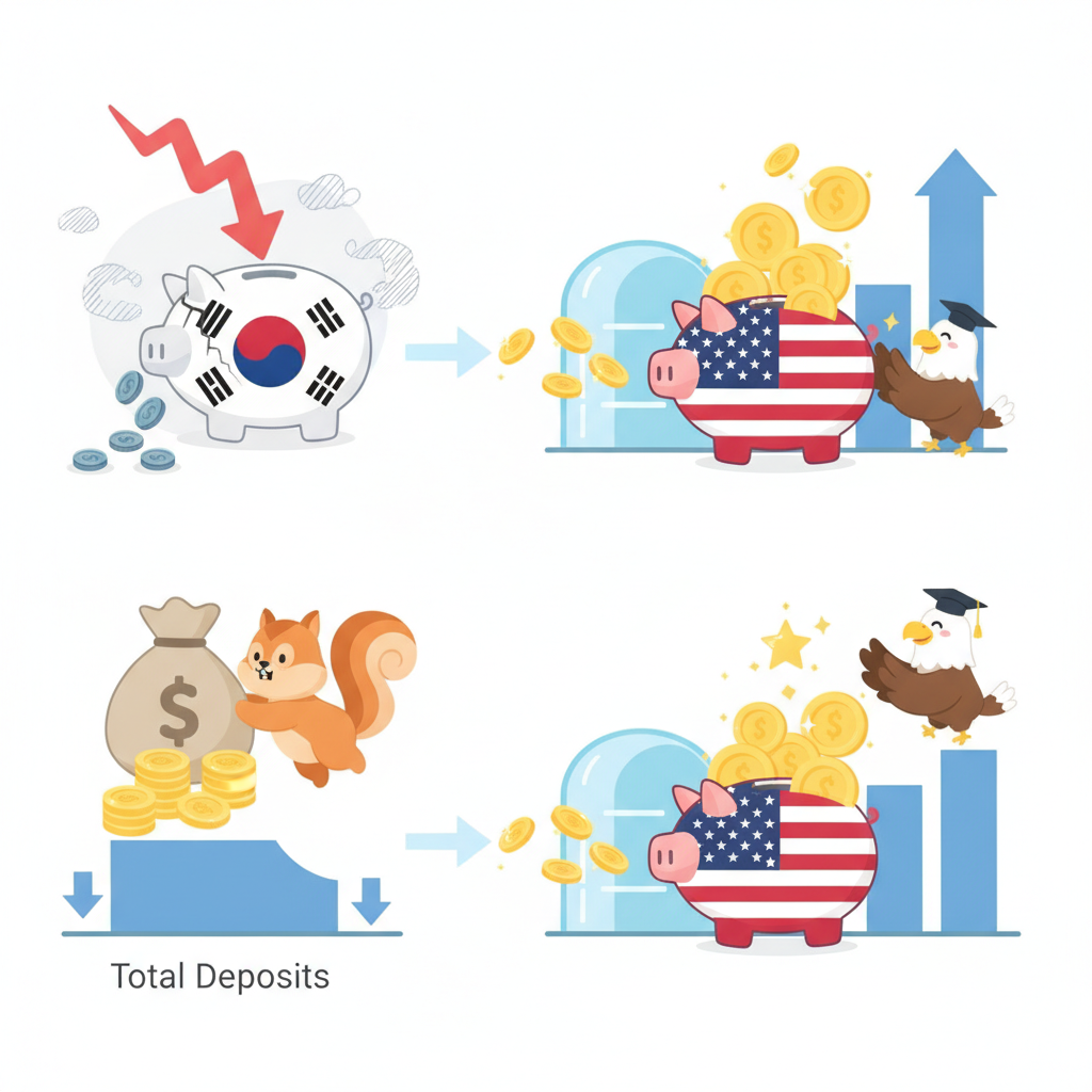 돈은 어떻게 국내에서 미국으로 옮겨가나 (단계로) — ① 국내 증시가 흔들려 손실·불안이 커진다 → ② 일부는 주식을 팔아 현금(예탁금)으로 빼두고, 그만큼 예탁
