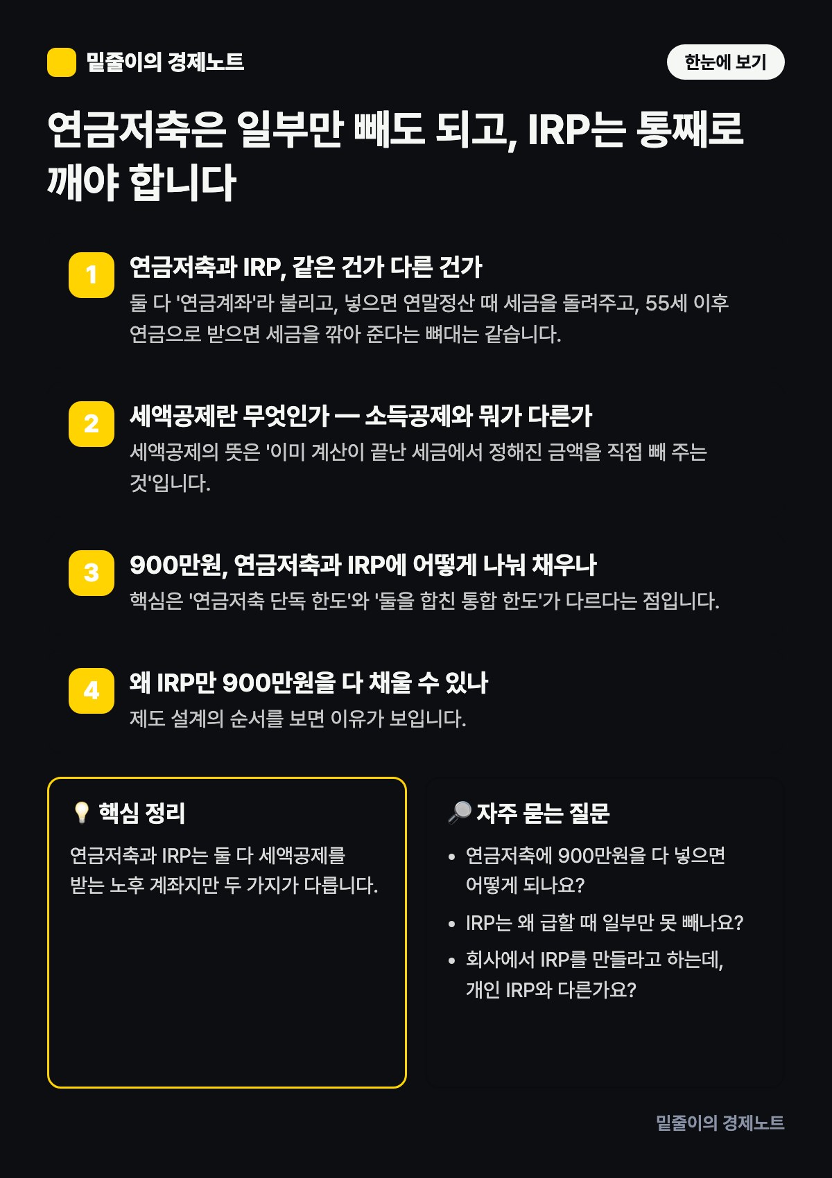 연금저축은 일부만 빼도 되고, IRP는 통째로 깨야 합니다 — 단계별 원리와 핵심 정리 인포그래픽