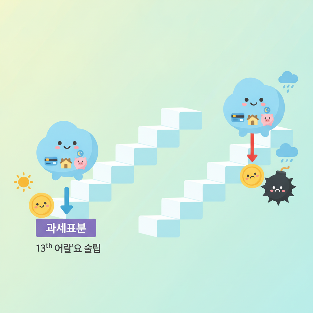 소득공제 vs 세액공제: 계단 그림 하나는 앞쪽 단(과세표준)을 깎고, 다른 하나는 마지막 결과값을 깎는 대비 도판(무텍스트)