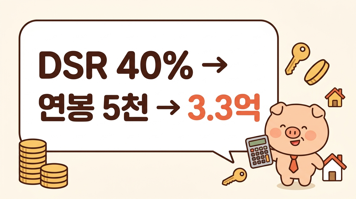 표지 텍스트카드: 'DSR 40%'와 '연봉 5천 → 3.3억' 화살표를 큰 글자로. 배경 없이 숫자 대비만.