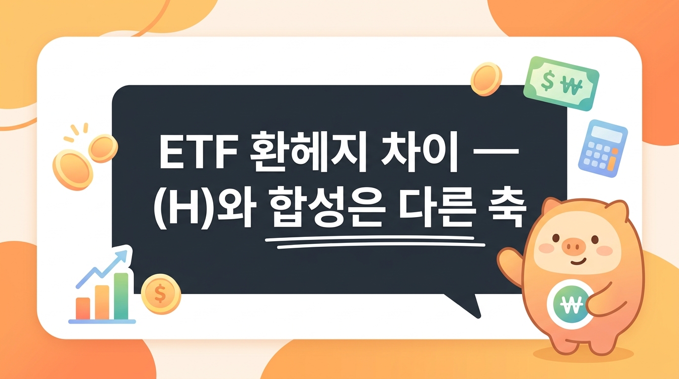 표지 텍스트 카드: 검은 배경에 흰 글씨 'ETF 환헤지 차이 — (H)와 합성은 다른 축', 하단에 밑줄 강조