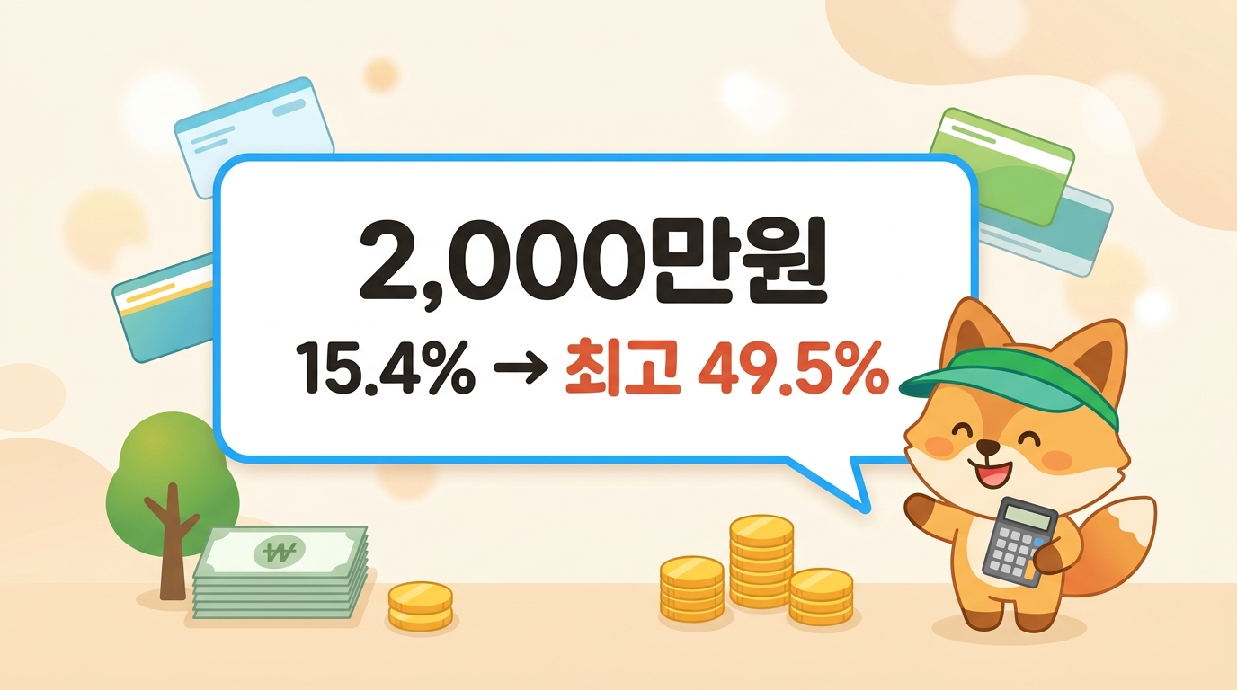 표지 텍스트 카드: '2,000만원' 문턱을 굵게, 아래에 '15.4% → 최고 49.5%' 화살표로 대비