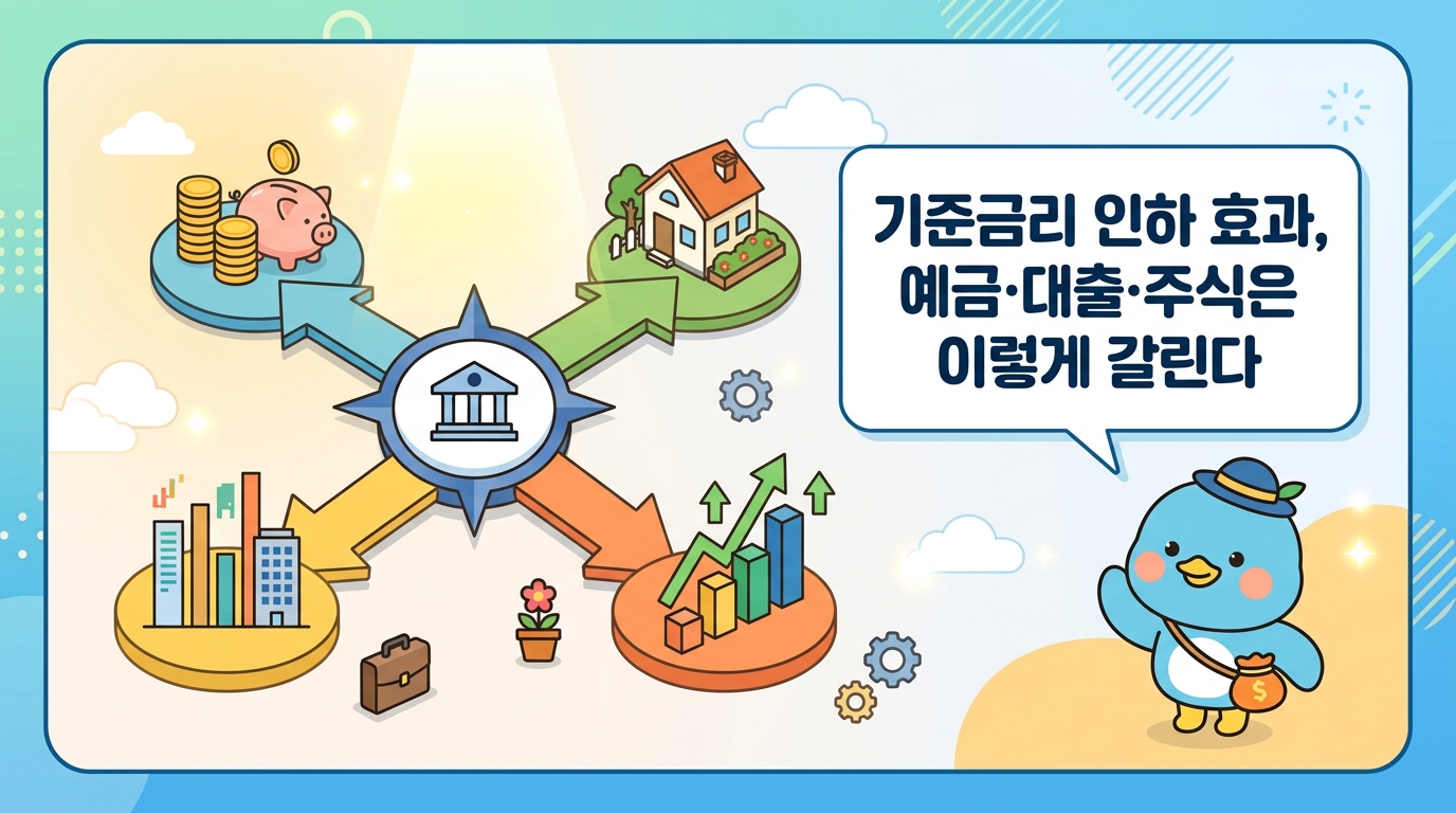 S1: 기준금리를 출발점으로 예금·대출·채권·주식 4갈래로 뻗는 화살표 다이어그램(무텍스트, 폰트 오버레이)