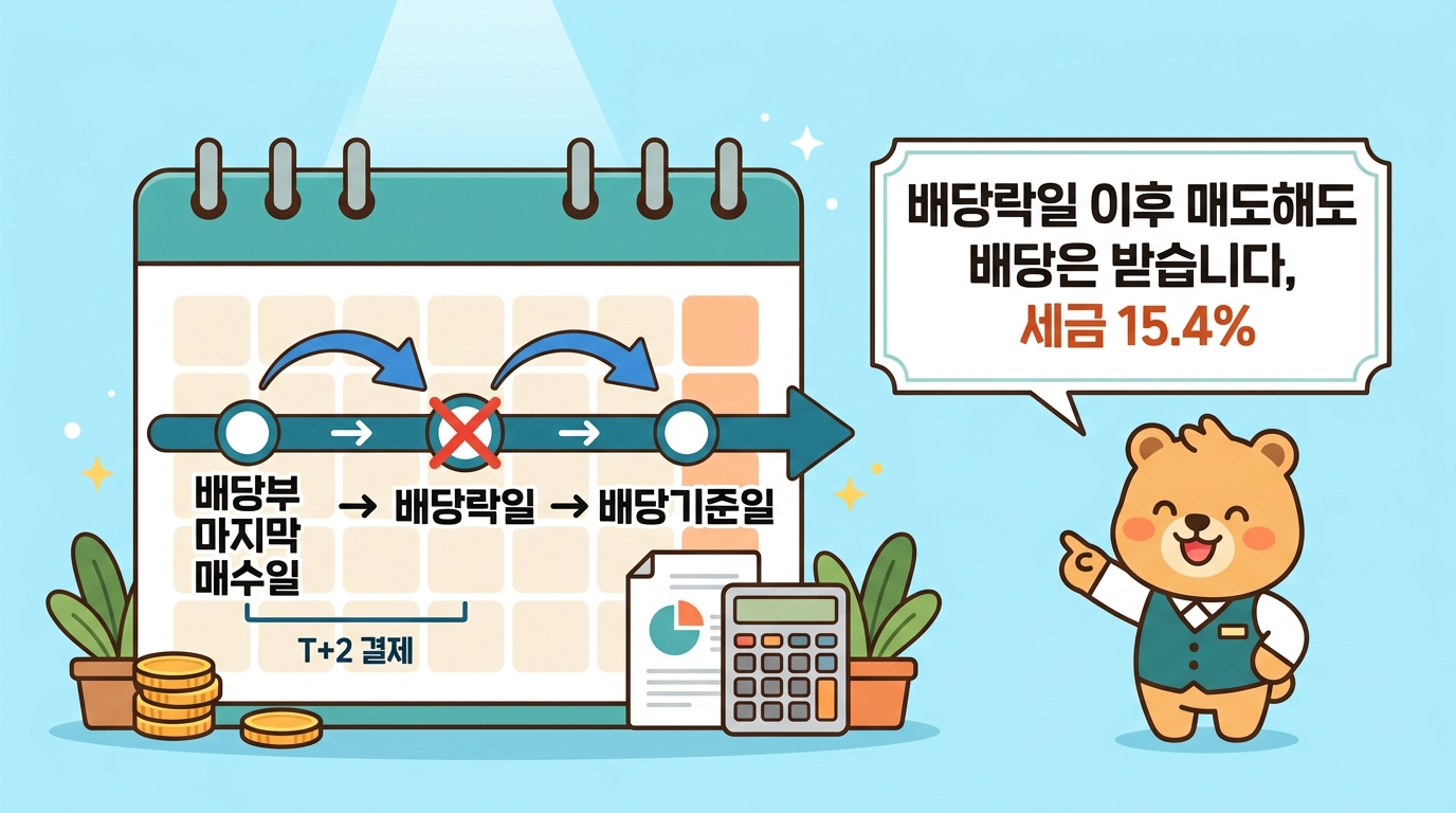 섹션1: 달력 위에 '배당부 마지막 매수일 → 배당락일 → 배당기준일' 세 점을 화살표로 잇는 타임라인 도판. T+2 결제 라벨.