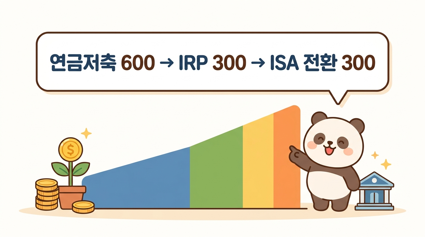 1번 섹션: '연금저축 600 → IRP 300 → ISA 전환 300' 3단계를 왼쪽에서 오른쪽으로 채워지는 막대(누적 900→1,200만원)로 표현한 텍스트 다이어그램 카드