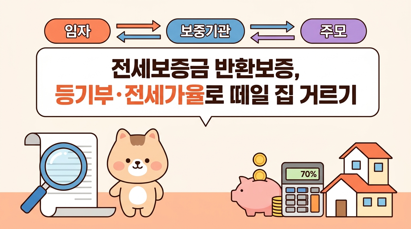 섹션1: 세입자-보증기관-집주인 3자 관계를 화살표로 표현한 개념 도판(대위변제 흐름). 무텍스트.