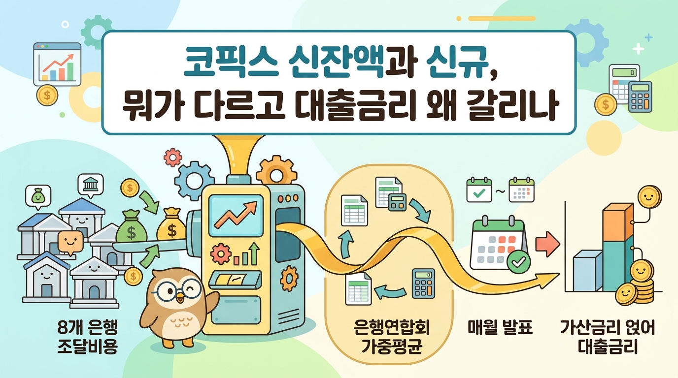 코픽스 산출 흐름을 텍스트 카드로: 8개 은행 조달비용 → 은행연합회 가중평균 → 매월 발표 → 가산금리 얹어 대출금리. 무텍스트 도식 위 한글 폰트 오버레이