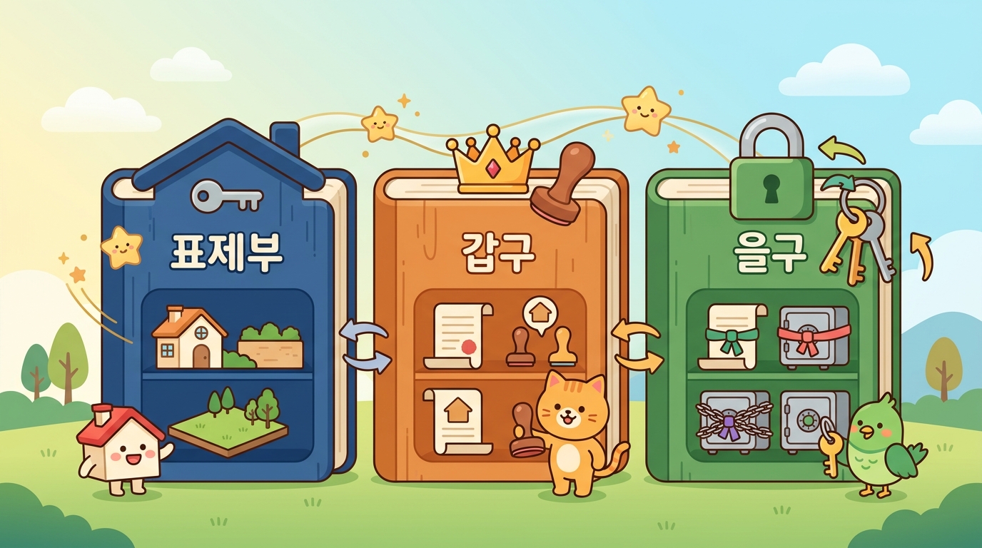 등기부등본의 뜻과 세 칸 — 표제부·갑구·을구 — 등기부등본이란 그 부동산에 얽힌 권리 관계를 국가가 공적으로 적어 둔 장부입니다.